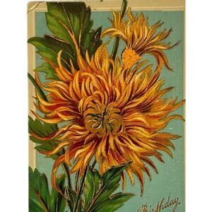 Antique 1913 Ephemera Postcard Birthday Wishes Embossed Metallic Marigolds SEE